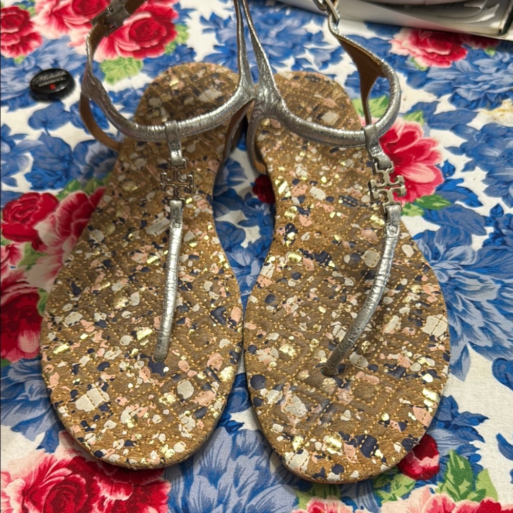 Tory Burch Silver Sandals with Glitter Sole